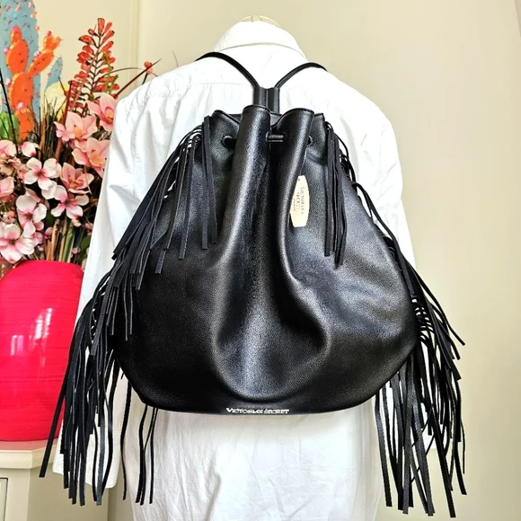 Victoria's Secret Black Vegan Leather Fringe Backpack Handbag Shoulder Bag NWT - Picture 3 of 15